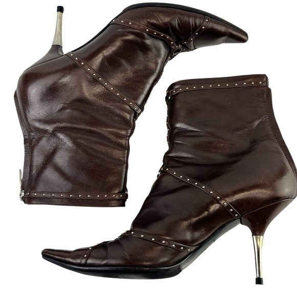 Dior John Galliano Leather Studded Pointed Toe Ankle Boots EU 38 Chocolate Brown - Picture 6 of 11